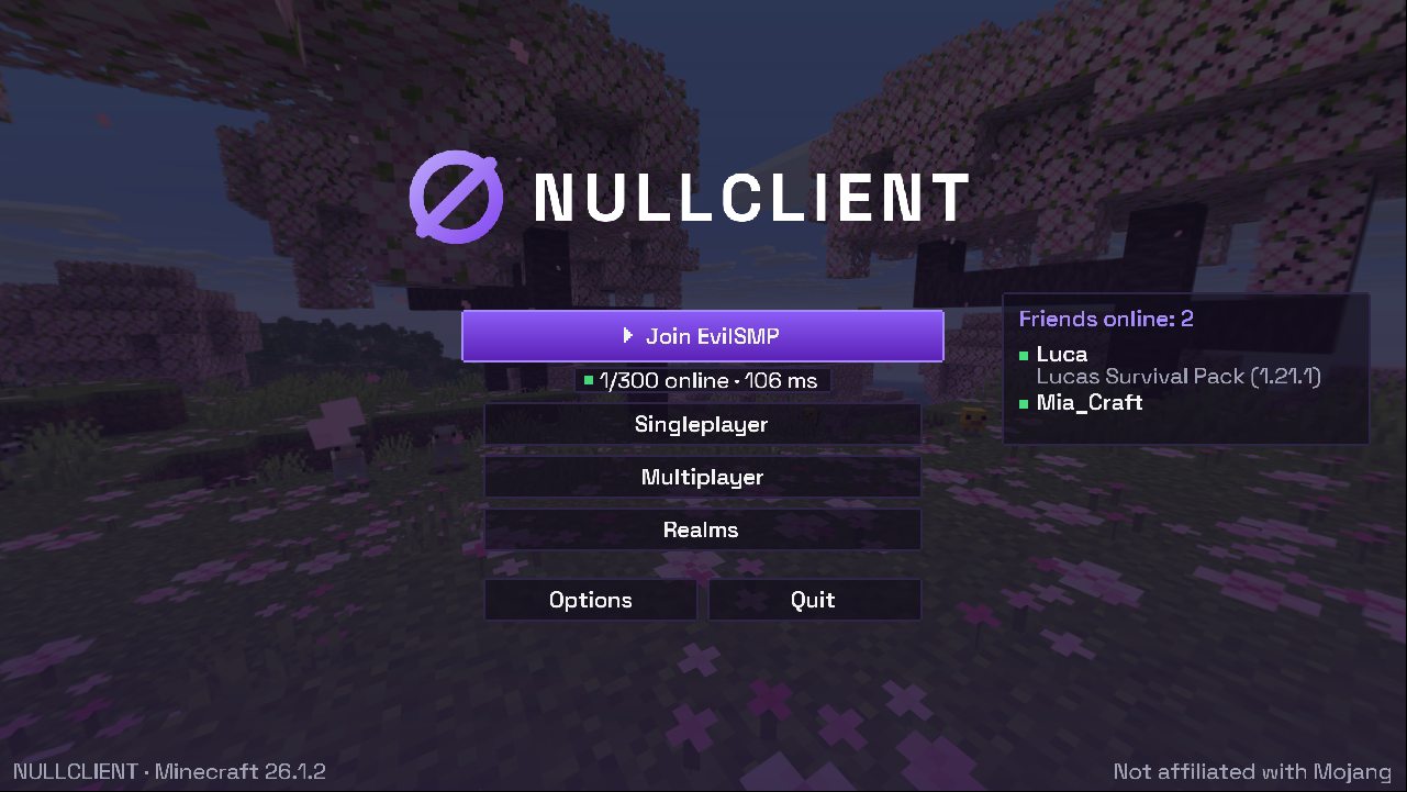 The NULLCLIENT main menu in Minecraft 26.1.2 with a Join EvilSMP button, server status and a friends online panel