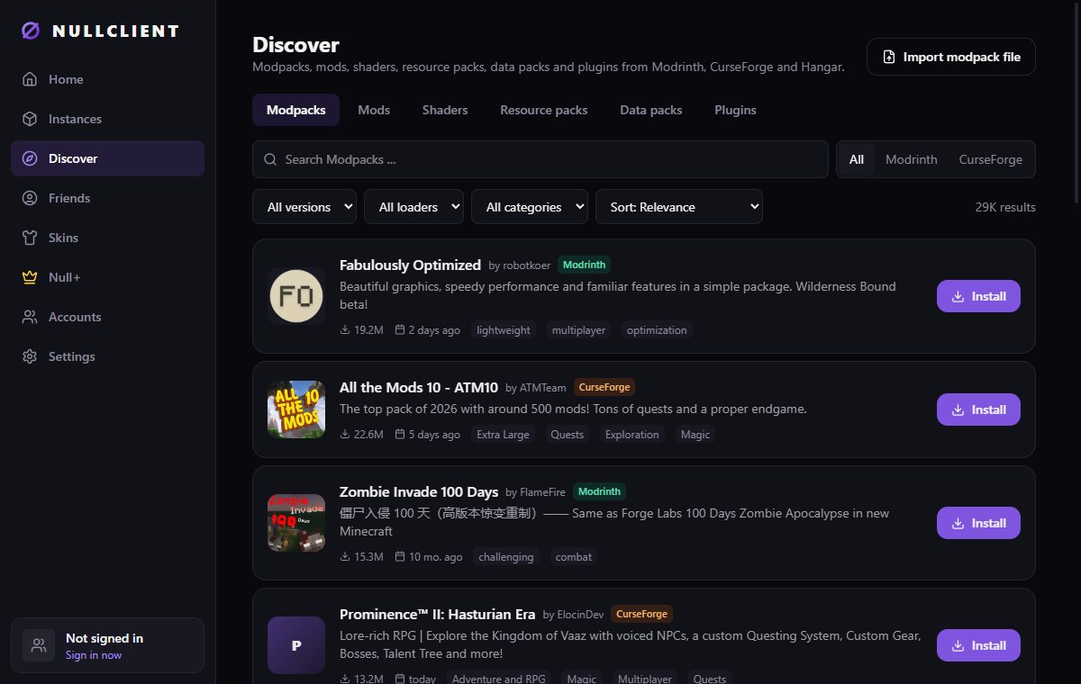 NULLCLIENT Discover page listing modpacks from Modrinth and CurseForge with install buttons